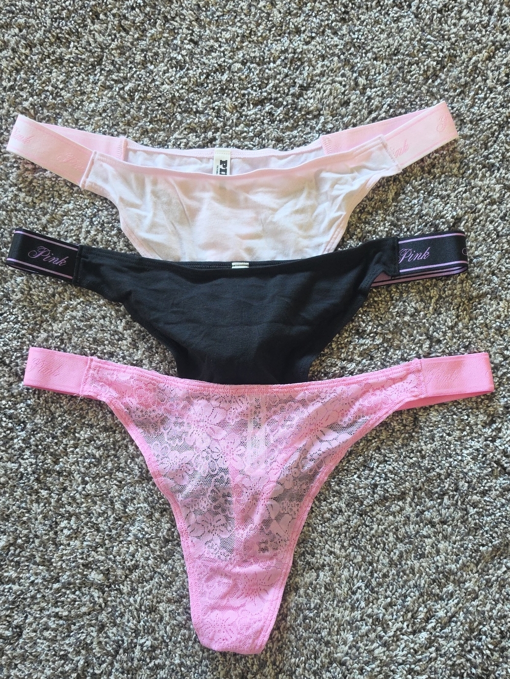 PINK Victoria's Secret Trio: Light Pink, Black & Pink Lace Thong Set Sz XL